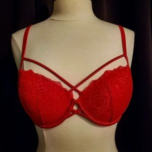 PINK Red Lace Strappy Push Up Bra 34D